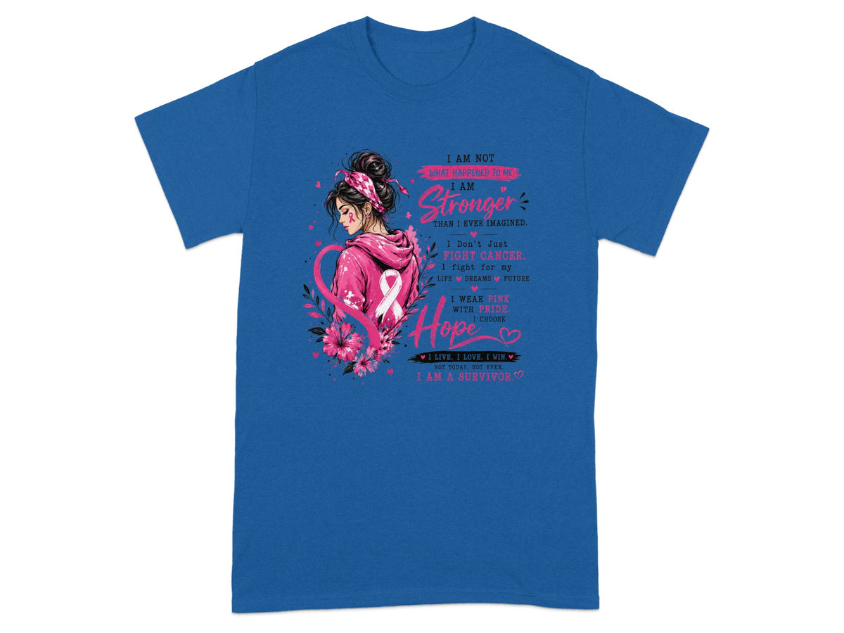 Breast cancer awareness design with girl, pink ribbon, flowers, and inspirational text.
