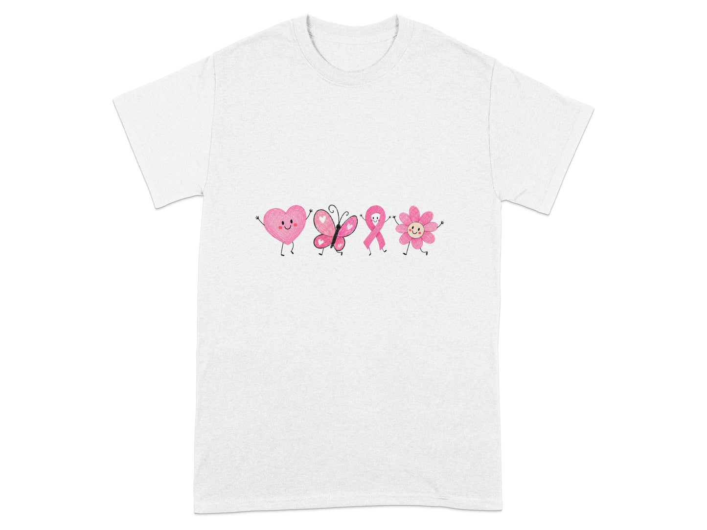 Pink heart, butterfly, ribbon, and flower graphics on a white t-shirt.