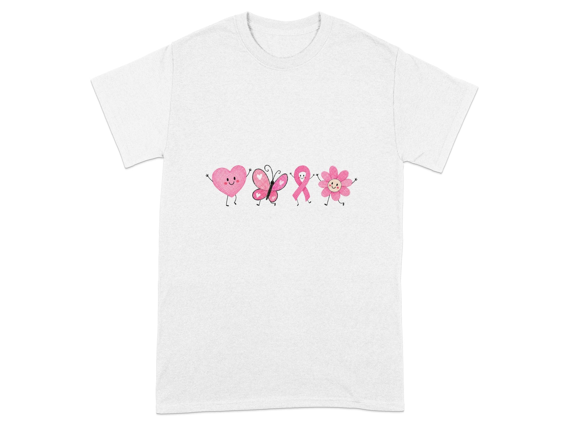 Pink heart, butterfly, ribbon, and flower graphics on a white t-shirt.