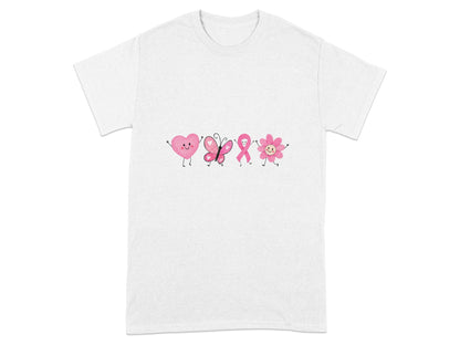 Pink heart, butterfly, ribbon, and flower graphics on a white t-shirt.