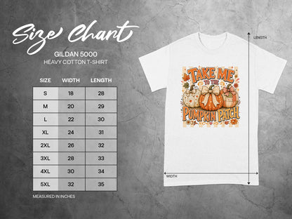 Gildan 5000 size chart for heavy cotton t-shirt with "Take Me to the Pumpkin Patch" graphic.
