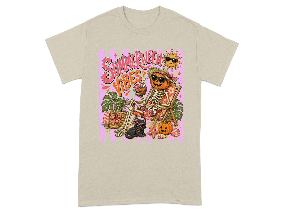 Skeleton pumpkin with straw hat and sunglasses on a beach chair with a drink.