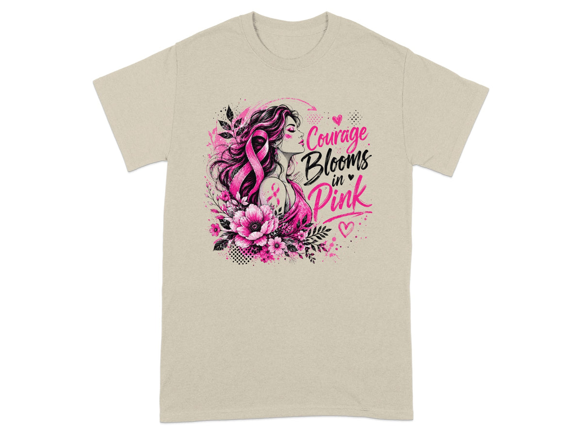 T-shirt graphic with woman, pink ribbon, flowers, and text "Courage Blooms in Pink."