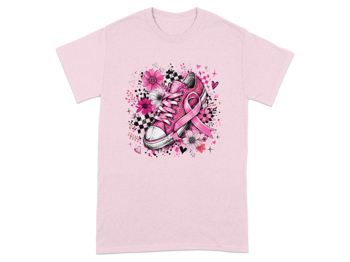 Pink t-shirt with a graphic of a pink sneaker with a pink ribbon and floral accents.