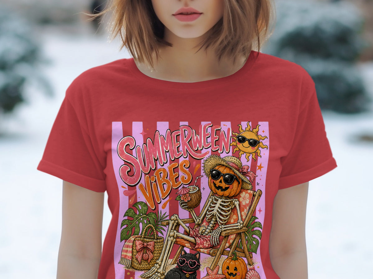 Skeleton in a beach chair with a pumpkin head, holding a coconut drink, text "SUMMERWEEN VIBES".