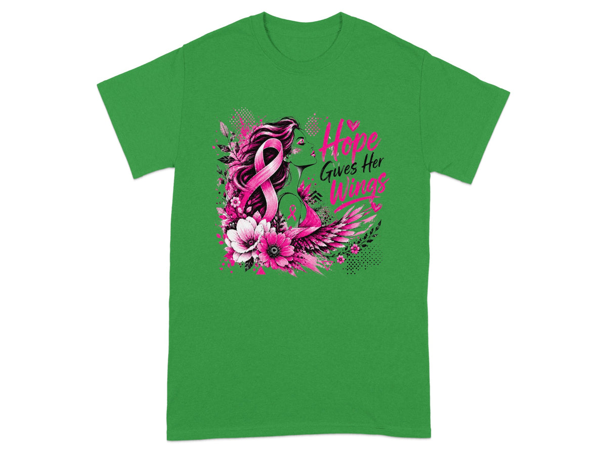 Green t-shirt with pink breast cancer ribbon, woman, flowers, and text "Hope Gives Her Wings."
