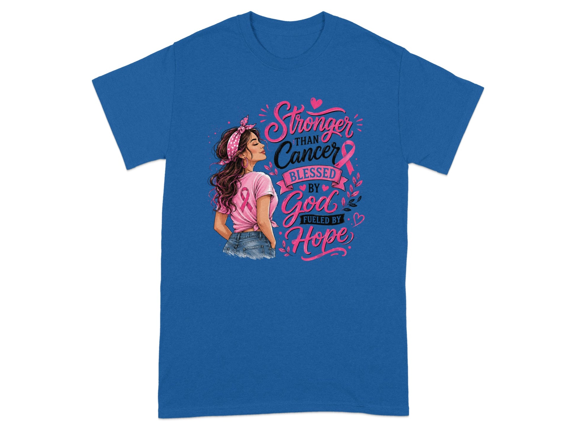 "Stronger than Cancer Blessed by God Fueled by Hope" graphic on a blue t-shirt.
