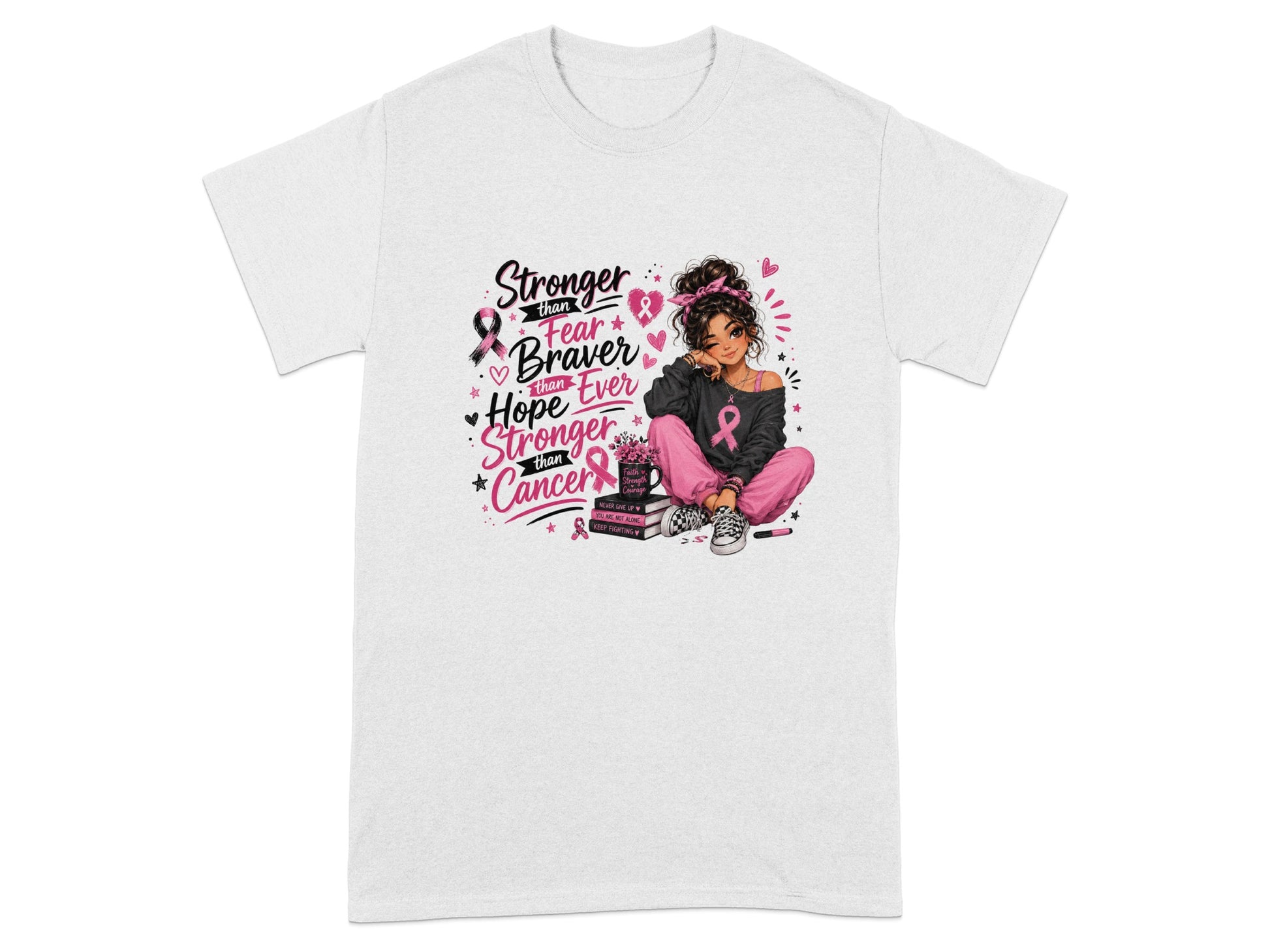 T-shirt with girl and text: Stronger than Fear, Braver than Hope, Stronger than Cancer.