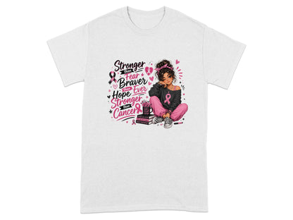 T-shirt with girl and text: Stronger than Fear, Braver than Hope, Stronger than Cancer.