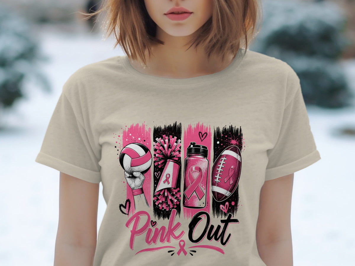 T-shirt graphic with volleyball, pom-poms, water bottle, football, and "Pink Out" text.