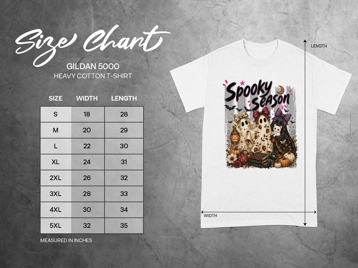 Gildan 5000 t-shirt size chart with measurements in inches for width and length.