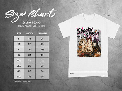 Gildan 5000 t-shirt size chart with measurements in inches for width and length.