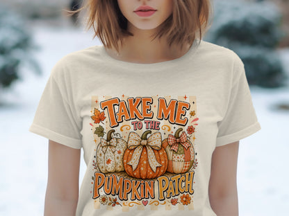 T-shirt with pumpkins and text "Take Me to the Pumpkin Patch."