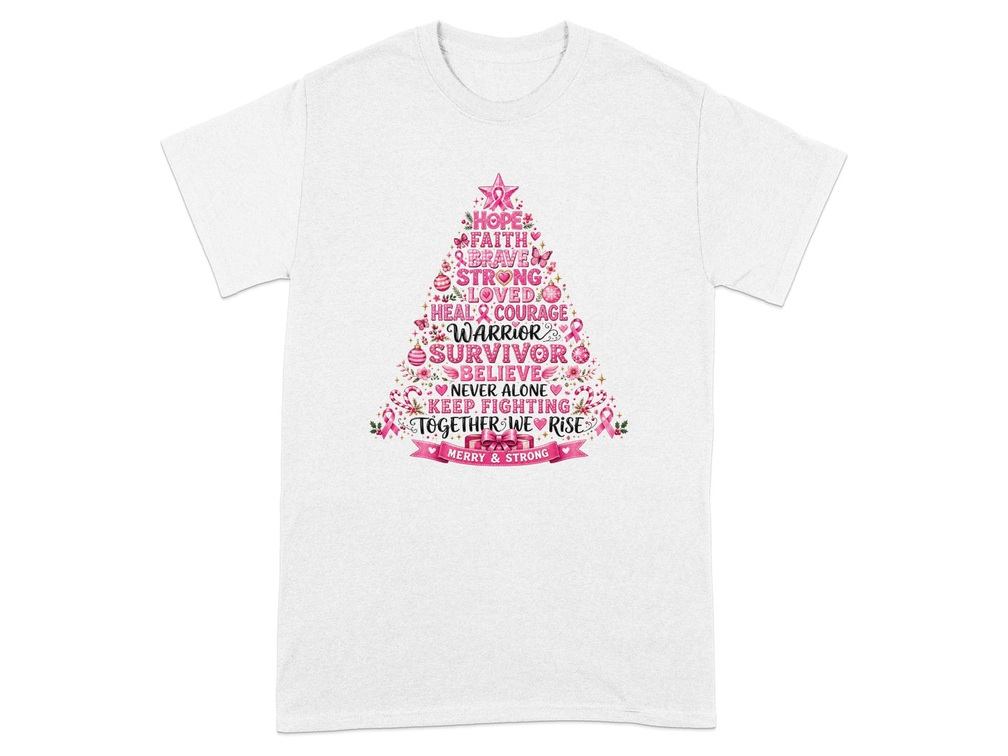 White t-shirt with tree graphic featuring breast cancer awareness words.