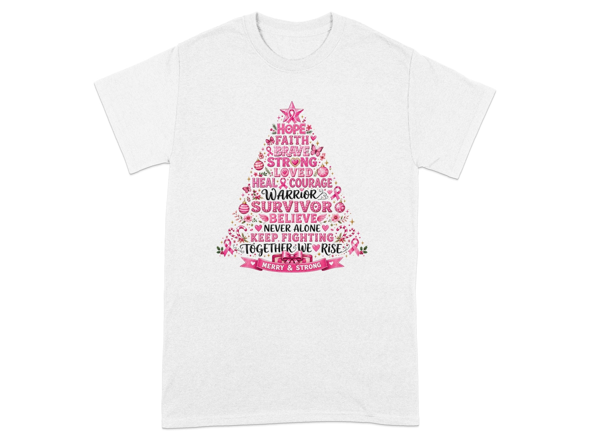 White t-shirt with tree graphic featuring breast cancer awareness words.