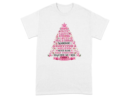 White t-shirt with tree graphic featuring breast cancer awareness words.