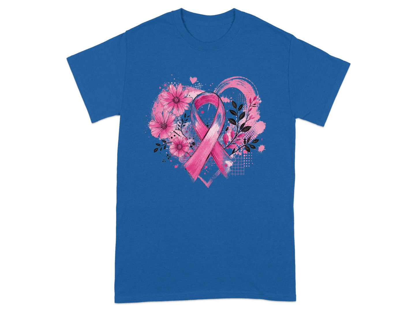 Blue t-shirt with a pink ribbon, flowers, and heart design.