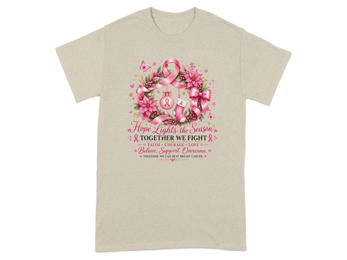 Light beige t-shirt with pink wreath, ribbon, and breast cancer awareness text.