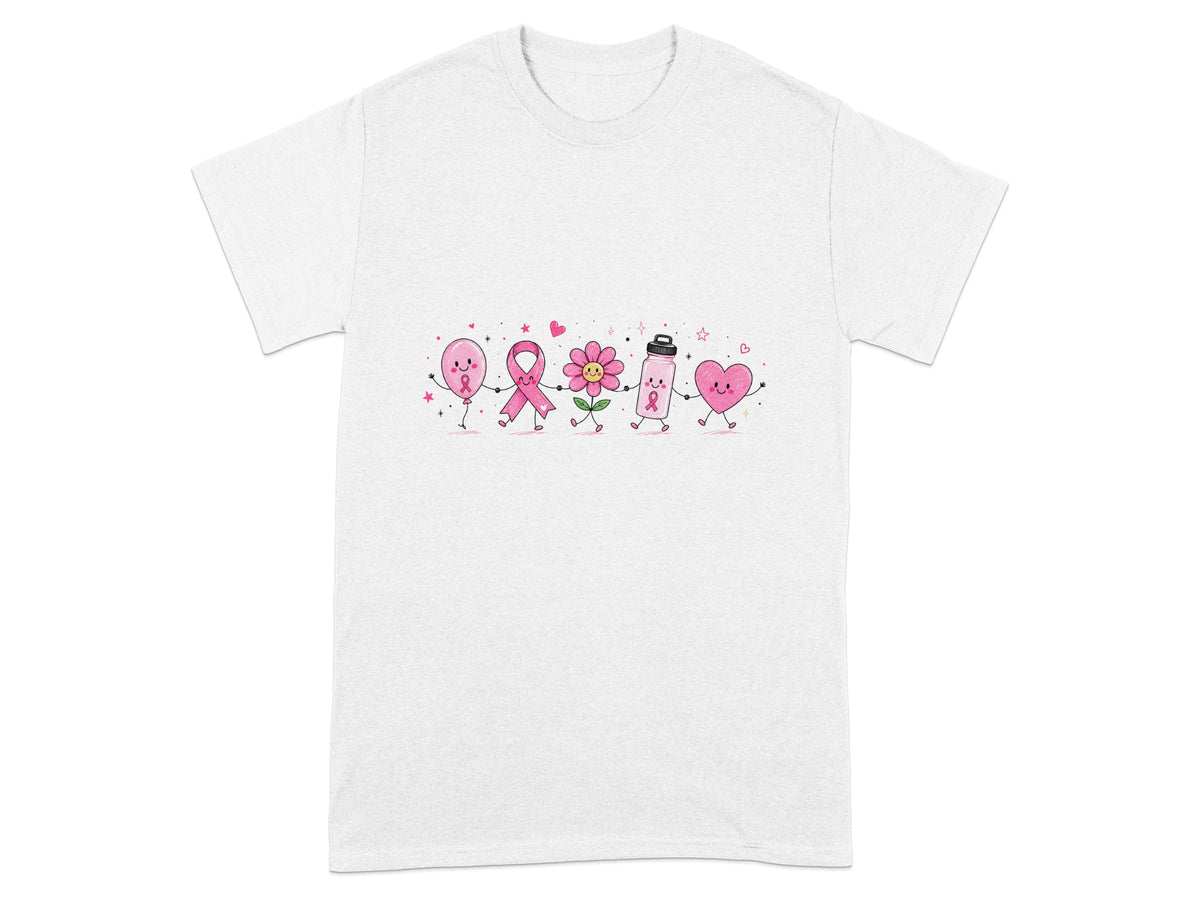 Cartoon balloon, ribbon, flower, water bottle, and heart hold hands on a white t-shirt.