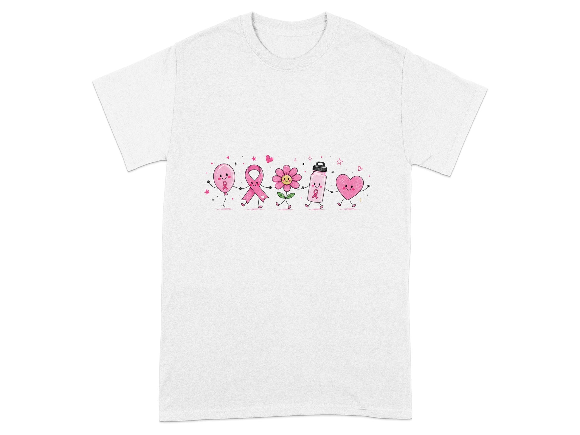 Cartoon balloon, ribbon, flower, water bottle, and heart hold hands on a white t-shirt.