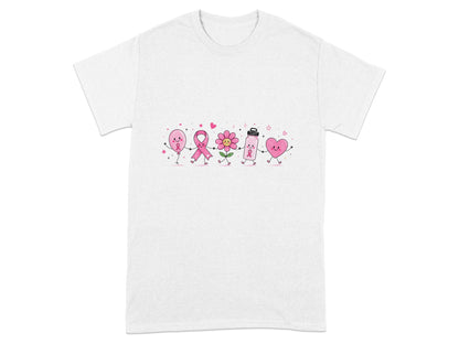 Cartoon balloon, ribbon, flower, water bottle, and heart hold hands on a white t-shirt.