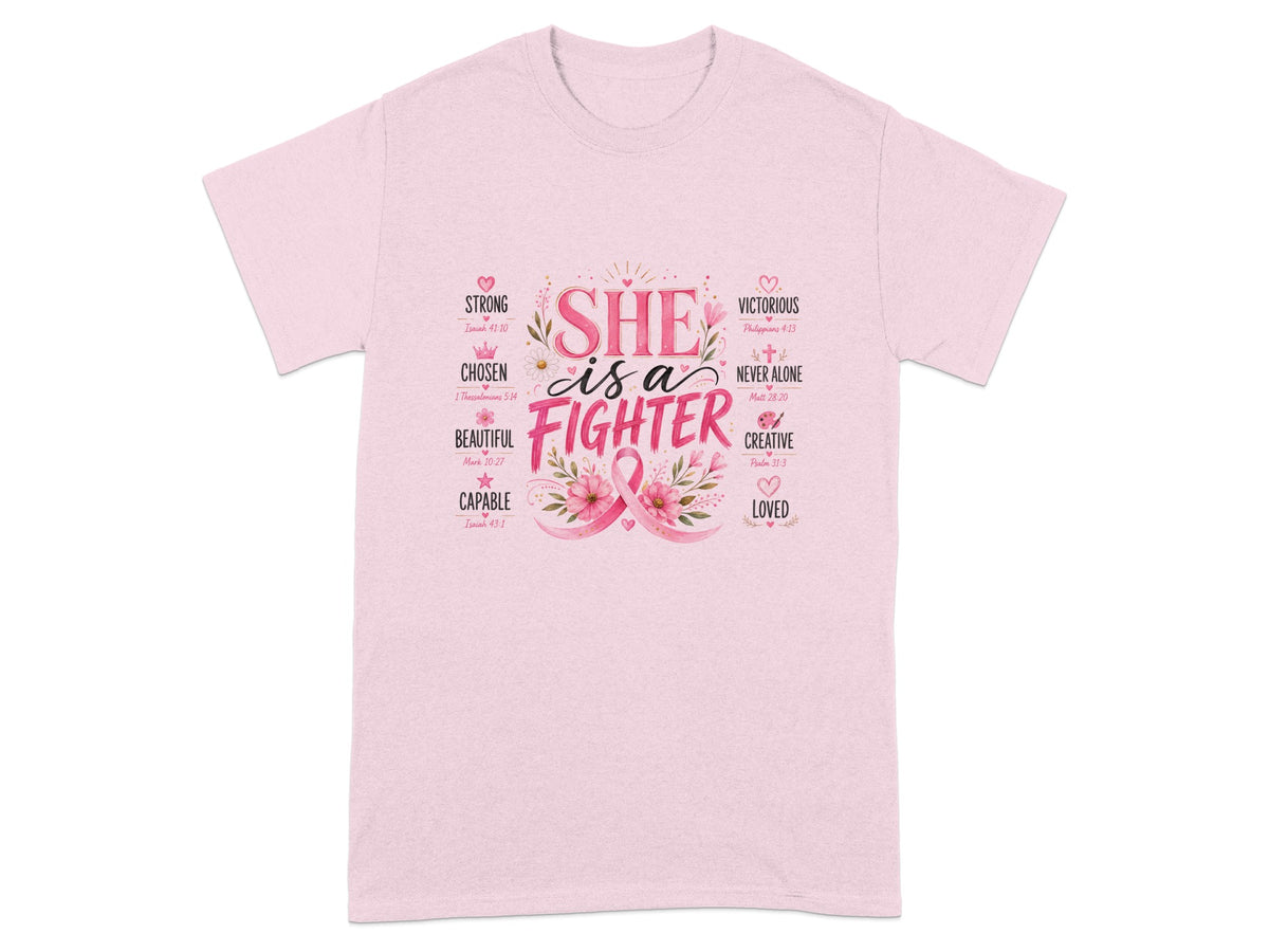 Pink t-shirt with "SHE is a FIGHTER" and breast cancer ribbon artwork.
