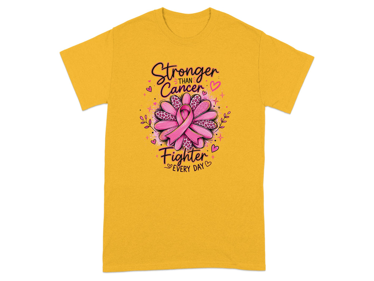 Yellow t-shirt with "Stronger Than Cancer" and "Fighter Every Day" text.