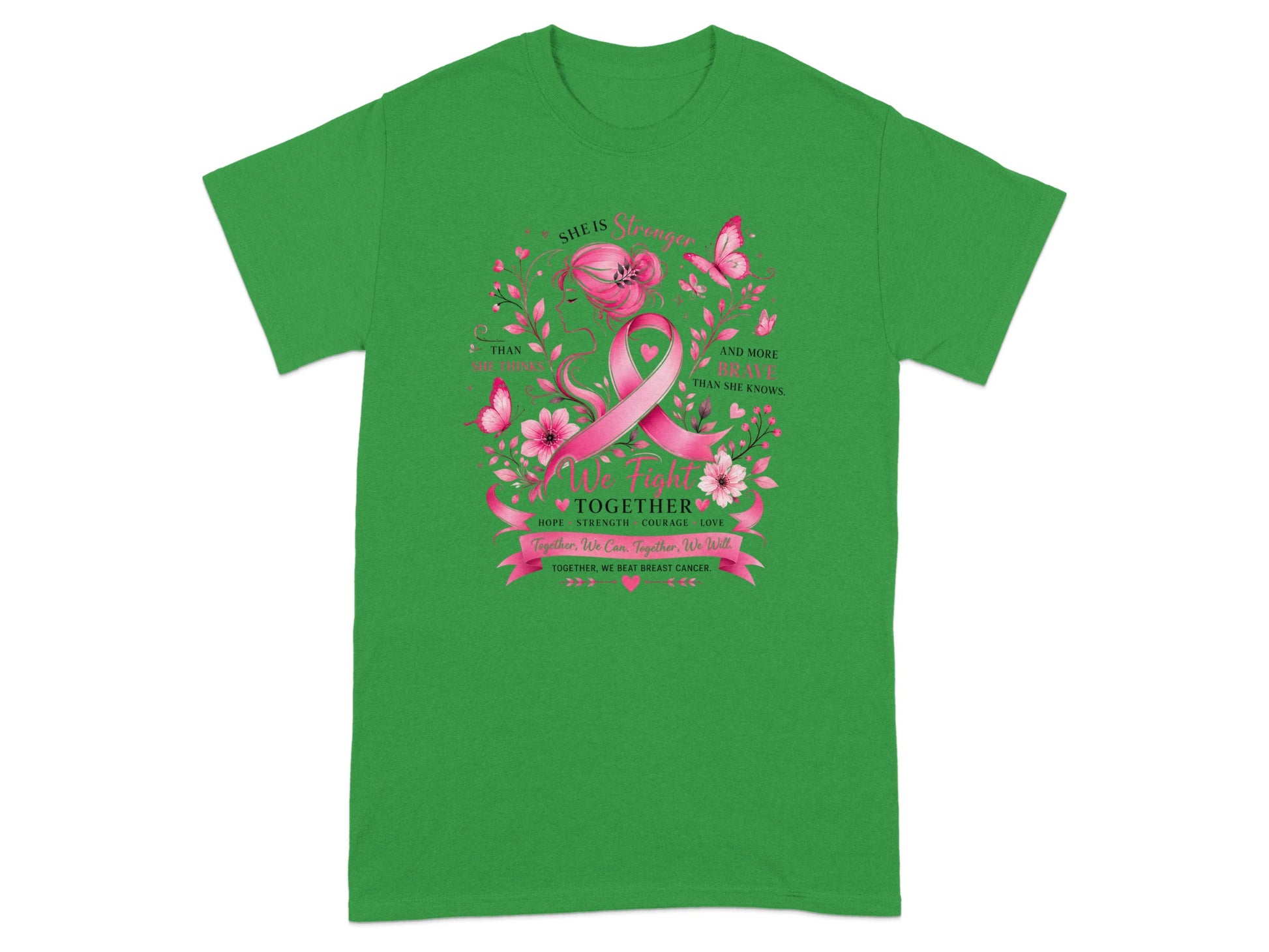 Green t-shirt with breast cancer awareness graphic featuring a pink ribbon and inspirational text.