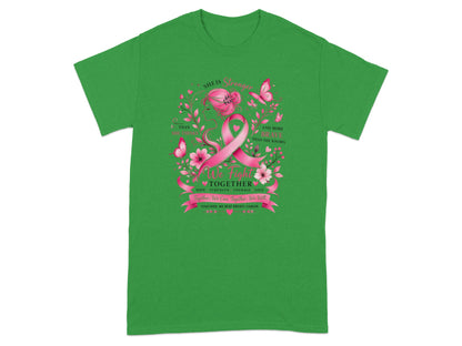 Green t-shirt with breast cancer awareness graphic featuring a pink ribbon and inspirational text.
