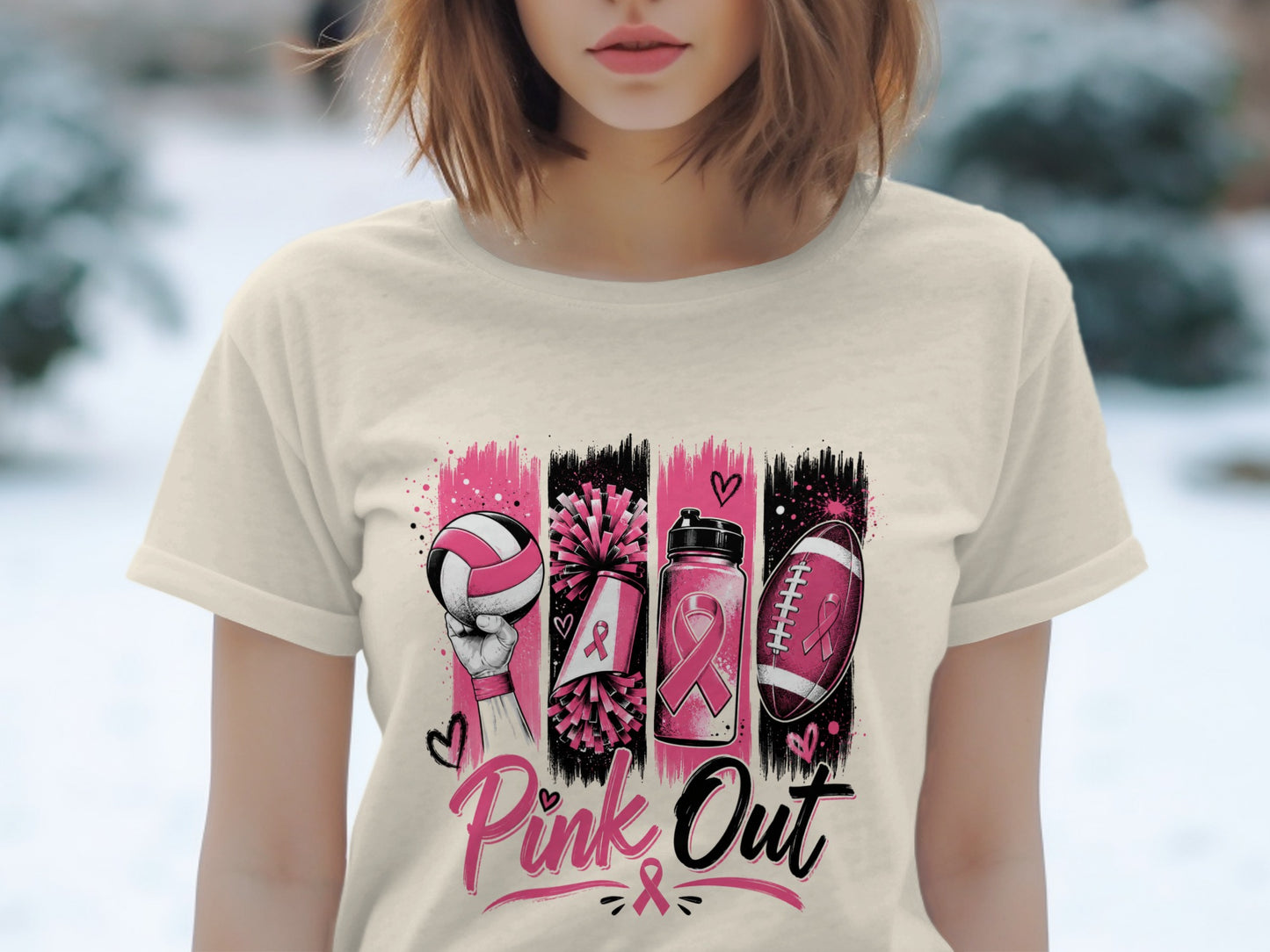 Pink Out graphic with volleyball, pom-poms, water bottle, and football.