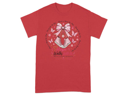 Pink sneakers with bow and butterflies on shirt; text reads "Hope Walks With Us."