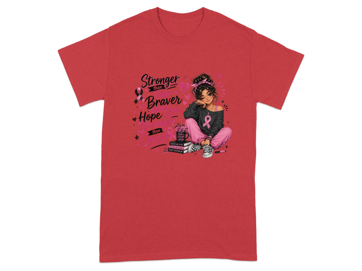 Red t-shirt with graphic of a woman, pink ribbons, and text "Stronger Braver Hope".