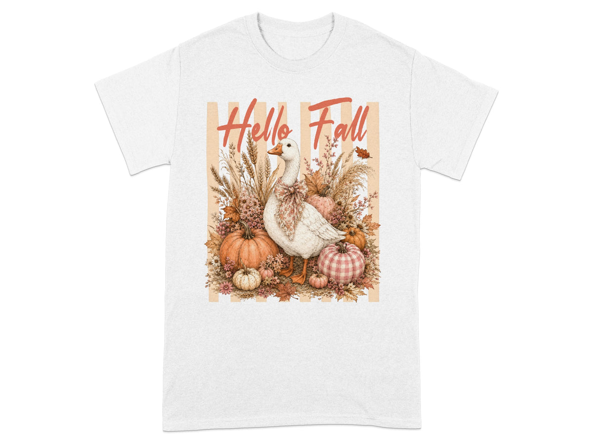 White t-shirt with a goose, pumpkins, and fall foliage, with "Hello Fall" text.