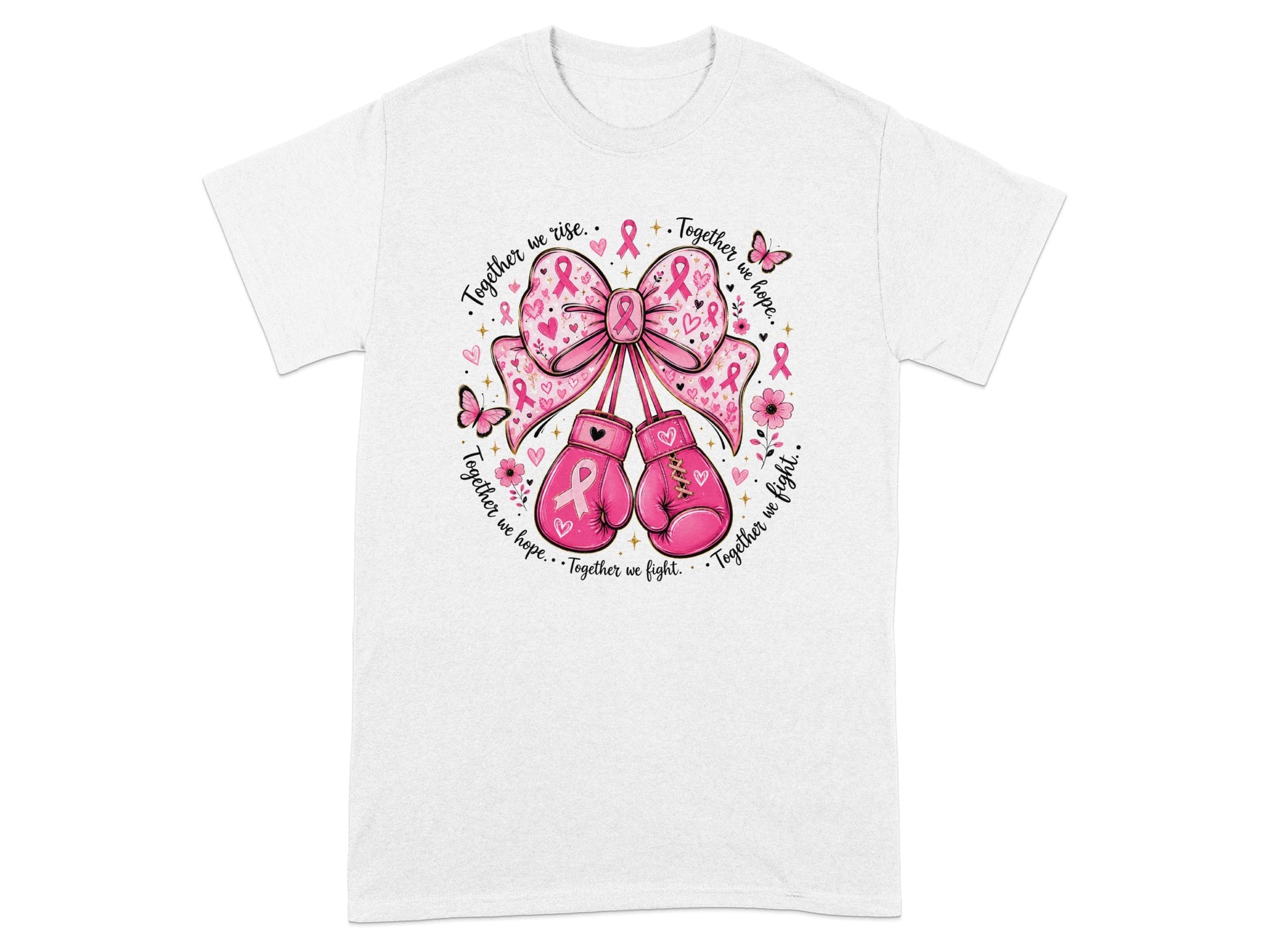 Pink boxing gloves and bow with breast cancer ribbons and text.