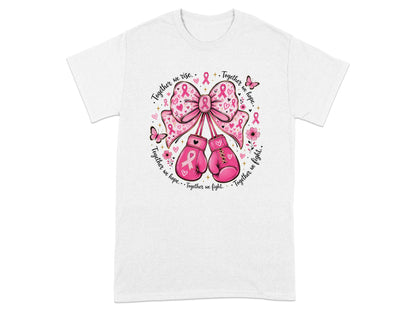 Pink boxing gloves and bow with breast cancer ribbons and text.