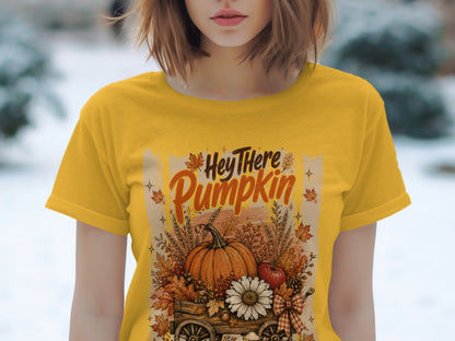 Yellow t-shirt with "Hey There Pumpkin" and a harvest cart design.