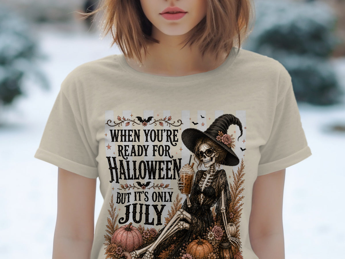 Skeleton wearing witch hat and sunglasses, holding iced coffee, with pumpkins and text.