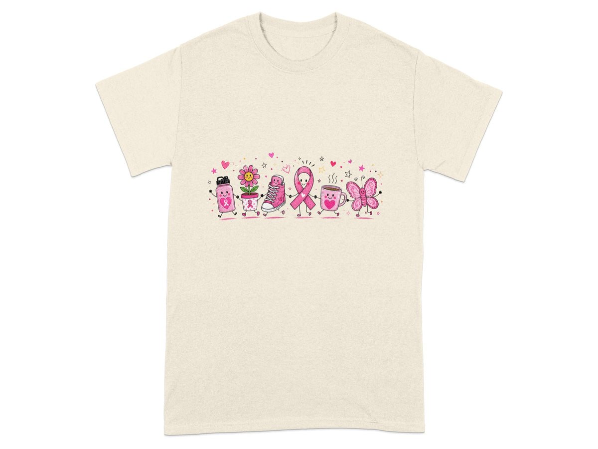 Cartoon characters including a water bottle, flower, sneaker, ribbon, mug, and butterfly.