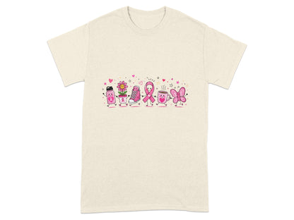 Cartoon characters including a water bottle, flower, sneaker, ribbon, mug, and butterfly.