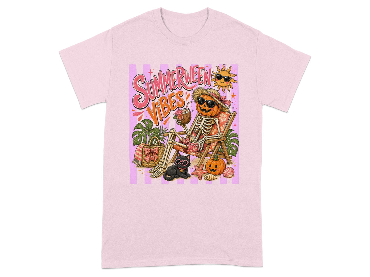 Skeleton in a lounge chair with pumpkin head and "SUMMERWEEN VIBES" text.