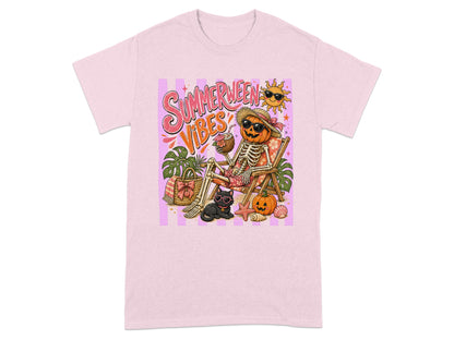 Skeleton in a lounge chair with pumpkin head and "SUMMERWEEN VIBES" text.