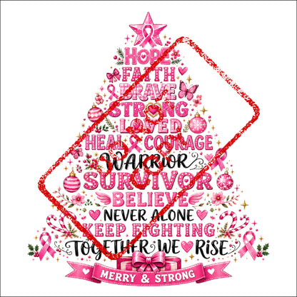 Breast cancer awareness tree with words Hope, Faith, Brave, Warrior, Survivor, Merry & Strong.