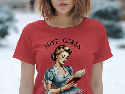 Red t-shirt with black text "HOT GIRLS" and pin-up woman reading a book.