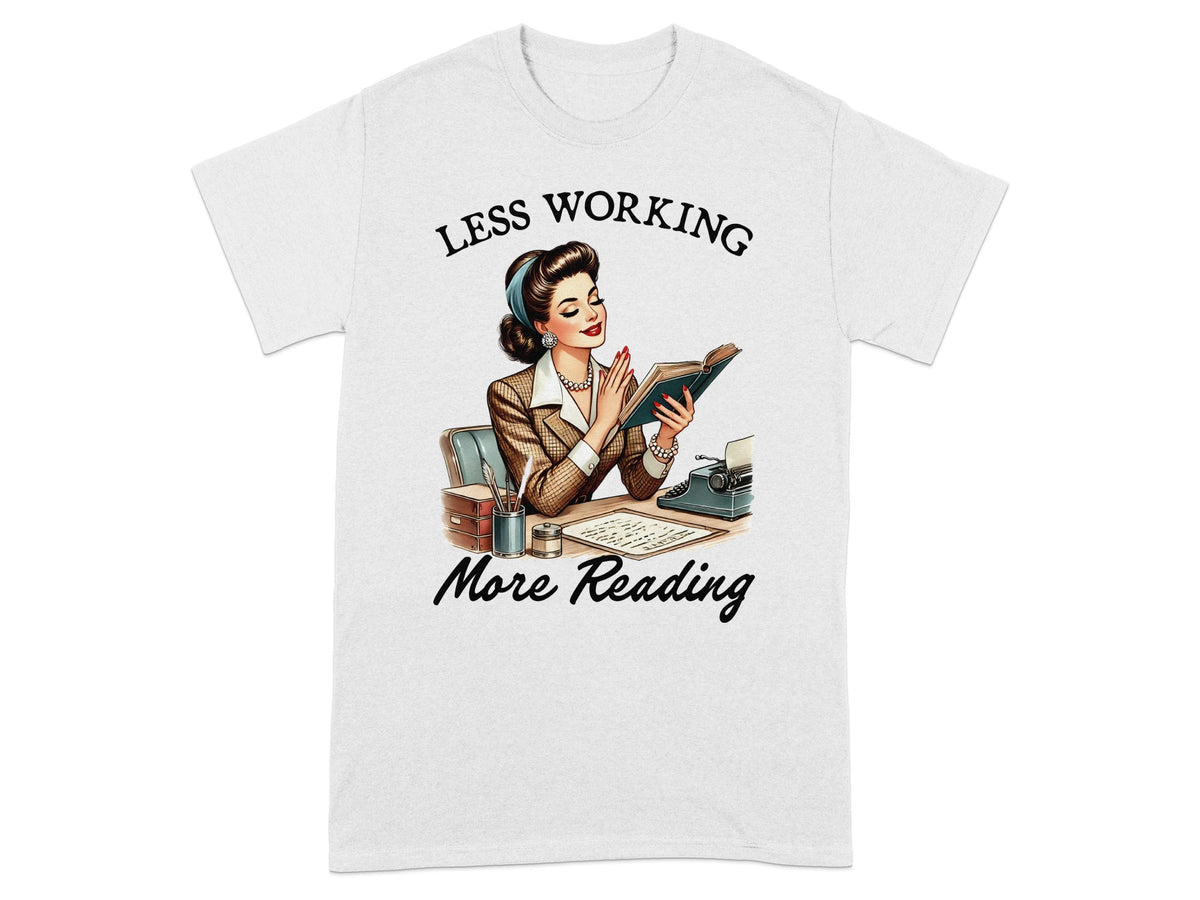 Retro woman at desk reads book with text "Less Working, More Reading."