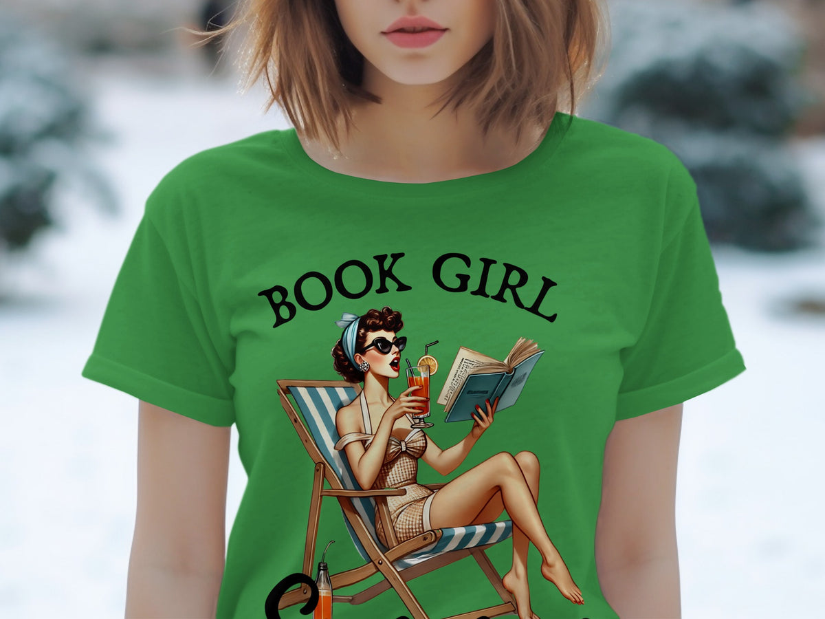 Green t-shirt with "BOOK GIRL" text and pin-up woman reading.