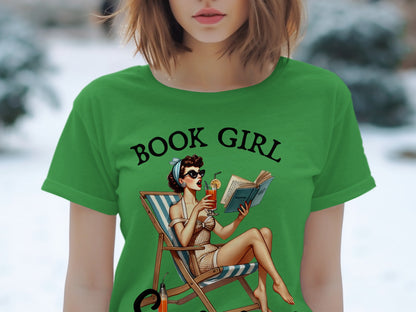 Green t-shirt with "BOOK GIRL" text and pin-up woman reading.