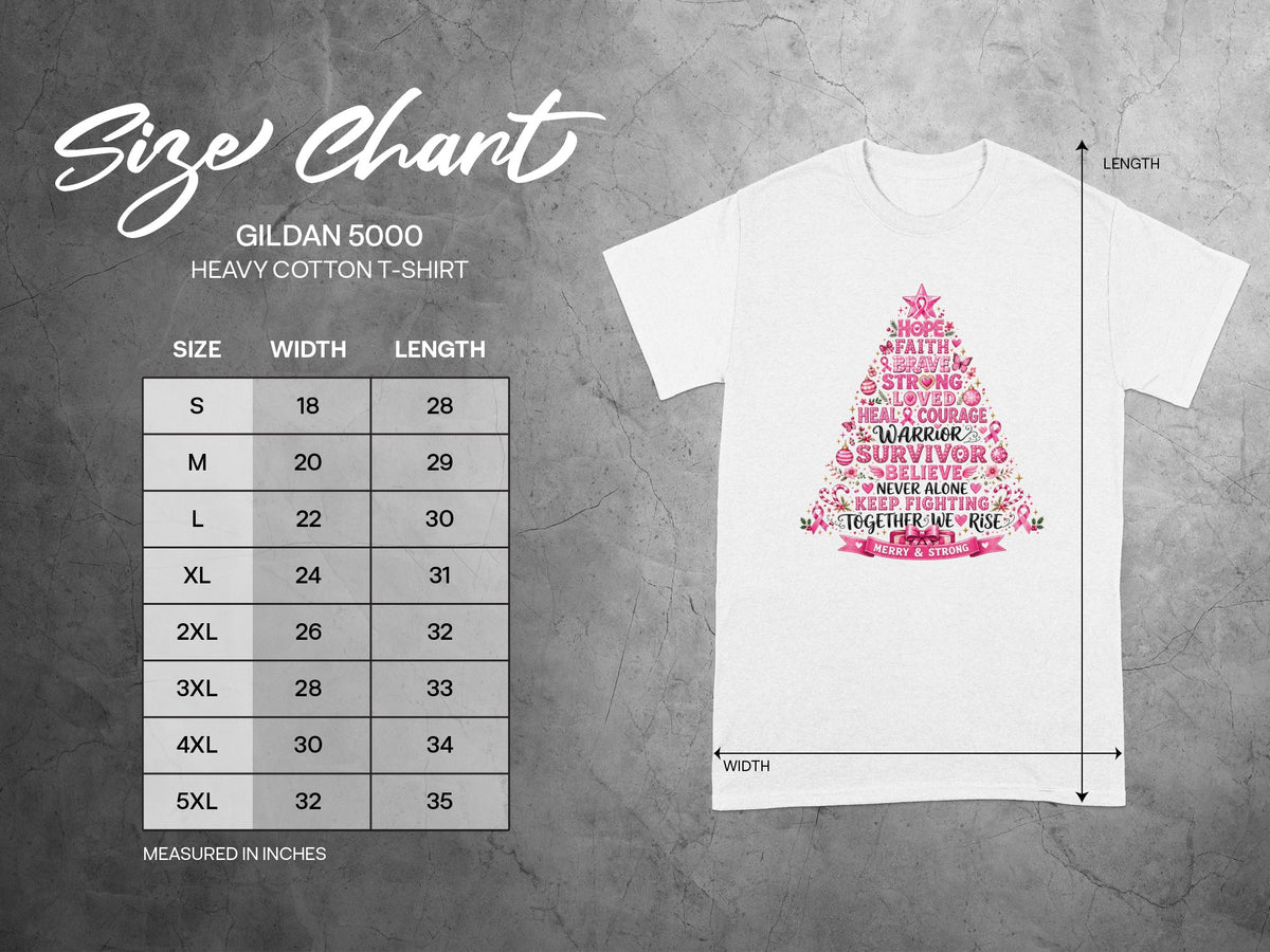 Gildan 5000 t-shirt size chart with breast cancer awareness graphic.