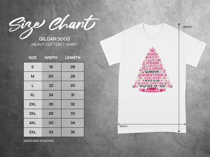 Gildan 5000 t-shirt size chart with breast cancer awareness graphic.