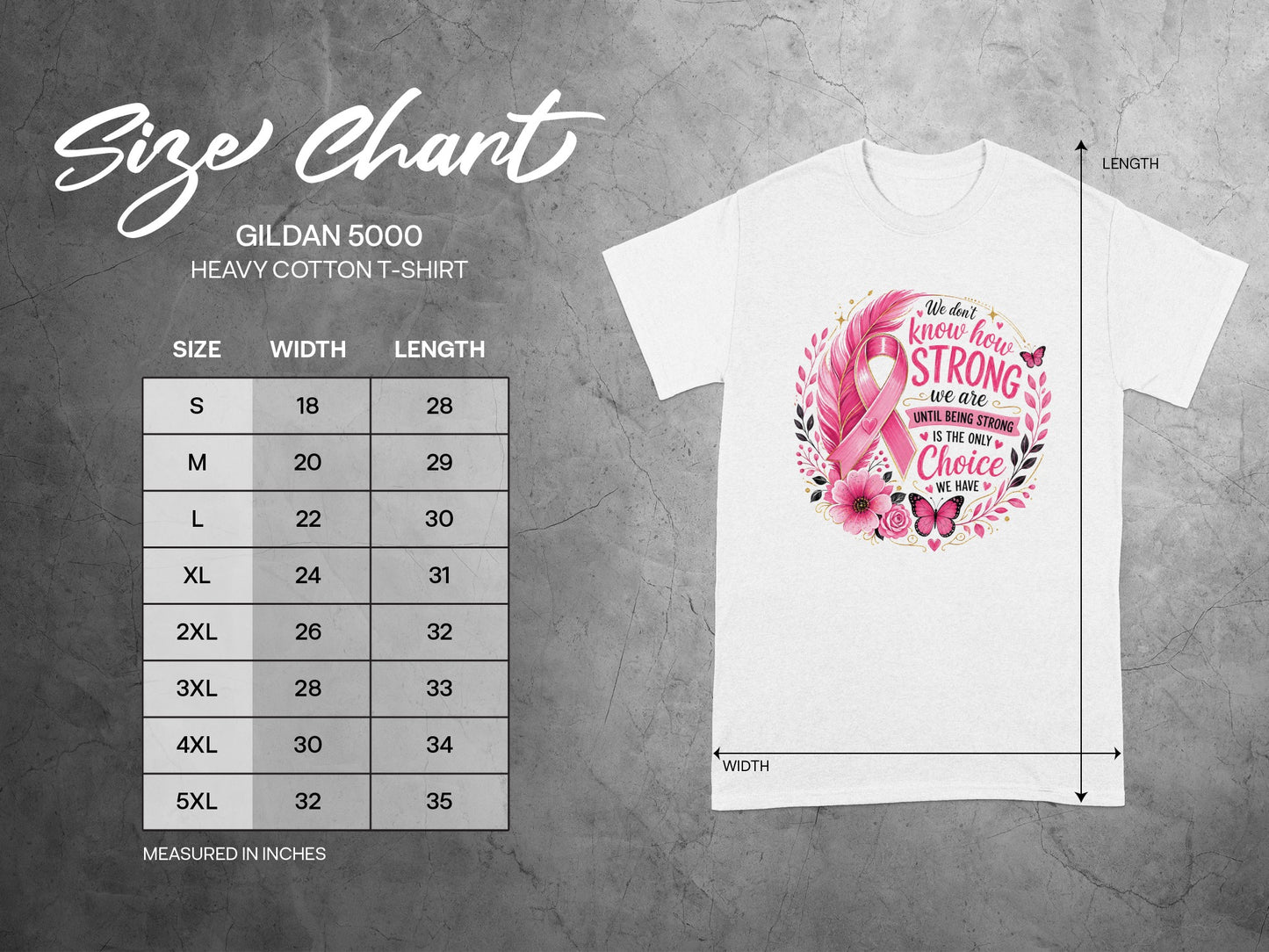 Gildan 5000 Heavy Cotton T-Shirt size chart with width and length measurements in inches.