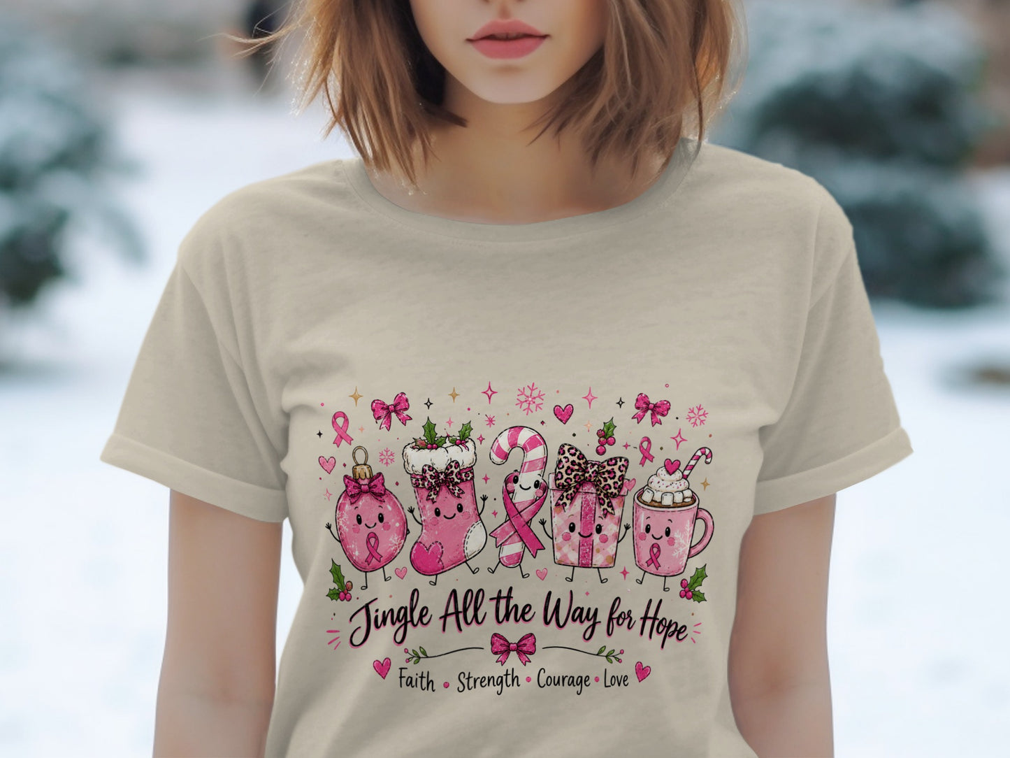 Pink Christmas characters and text "Jingle All the Way for Hope" on a tan t-shirt.
